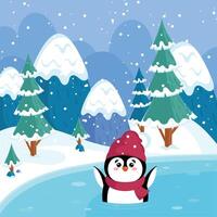 Penguin playing in frozen lake with trees, vector