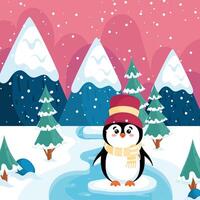 Penguin standing on ice in snowy forest, vector