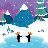 Penguin diving in icy pond under snowfall, vector
