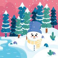 Snowman by a river in snowy forest, vector