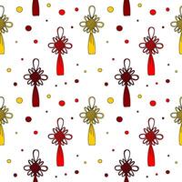 Endless Chinese traditional knot ornament. Seamless pattern, stylized colorful knots and dots with black contour. Isolated elements. Decor, textile, papers, wrapping, packaging design, print, web vector