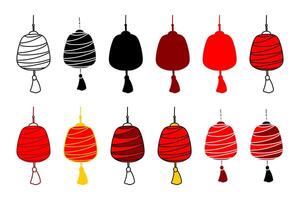 Stylized Red Lantern. Simple clipart set. Rounded paper lamp with tassel, different color variations, contour silhouette. Lunar New Year, street festival. Asian, oriental, design art elements, icons vector