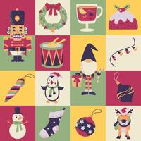 Christmas New Year elements geometric background with nutcracker, snowman, pudding, deer, penguin, decor. vector