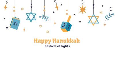 Happy Hanukkah Jewish holiday badge, poster, banner, invitation, card, background with Torah, menorah and dreidels. vector