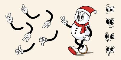 Funny retro cartoon hippie snowman character in a trendy and funky style. Snowman with a set of different emotions and different hand gestures. Set in the style of the 60-70s. Merry Christmas vector