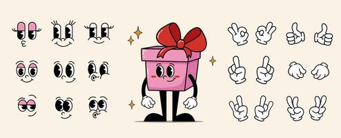 Retro character creation kit cute gift box with different facial expressions and poses Constructor. collection of nostalgic characters in 70s or 60s style vector