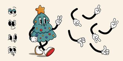 Funny retro cartoon hippie Christmas tree character in trendy groovy style. Tree with set of different emotions and different hand gestures. Set in 60-70s style. Merry Christmas and Happy New Year. vector