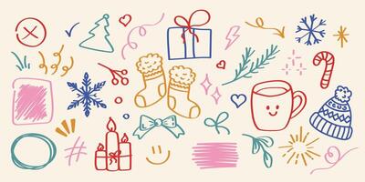 Doodle different New Year objects cute set. Christmas new year. cute set of elements in doodle line style winter set vintage.Comic cartoon effect cute element set.Cute hand drawn doodle. vector