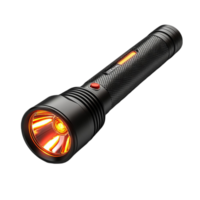 3D Black Tactical Flashlight with Red Button and Bright Orange Beam png