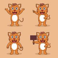 Four cute orange kitten cartoon characters showing different poses, including pointing, holding a sign, and happy gestures. vector