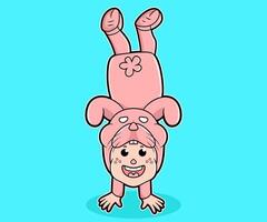 A cute illustration of a child in a pink bunny costume doing a handstand. It's joyful and playful. vector