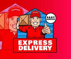 Fast and reliable express delivery service. Cartoon illustration of a delivery man with a package. vector