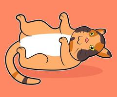 A cheerful cartoon illustration of an orange tabby cat playfully lying on its back. vector