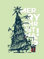 Greeting card MERRY CHRISTMAS. Stylized Christmas tree drawn with rough, sketch-like lines. Tree is decorated and topped with a star vector