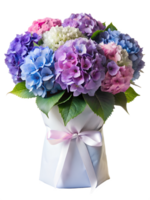 a colors full bouquet of Hydrangea flower in a white package isolated on transparent background png