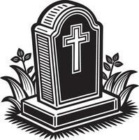 a black and white image of a grave with a cross on it vector