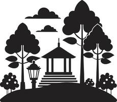silhouette of a gazebo in the park with trees and a lamp post vector