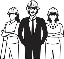 three people in hard hats standing together vector