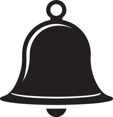a black and white bell icon on a white background
