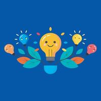 a cartoon light bulb with smiling faces and leaves vector