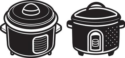 a set of two black and white icons of a rice cooker and a pot vector
