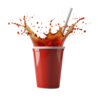 A red cup with a straw and liquid splashing png