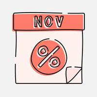 Calendar Event with Percentage Symbol Doodle Icon Illustration, soft colour palette in Hand drawn style. Perfect for promoting holiday sales and shopping events. vector