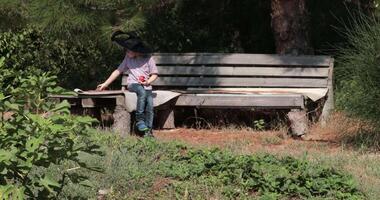 Boy in black hat sit on wooden bench in forest and eat apple. Light breeze blowing, weather clear and sunny. Big pine tree with needles in parkland. Landscape jib view, camera move up video
