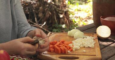 Female hands with knife peel off husks from garlic cloves and put it atop wooden cutting board with chopped carrot, celery and onion. Cooking healthy meal from vegetables on rustic table outdoors video