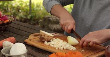 Female hands chop raw bulb onion for family meal menu, slice and cut into small pieces with knife. Cooking healthy meal from root vegetables on wooden cutting board at rustic table outdoors video