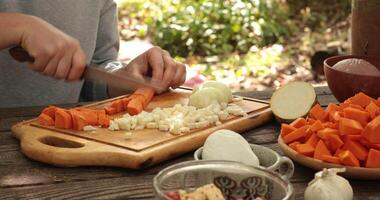Female hands chop raw carrot for Thanksgiving dinner menu, slice and cut into cube pieces with knife. Cooking healthy meal from fall vegetables on wooden cutting board at rustic table outdoors video