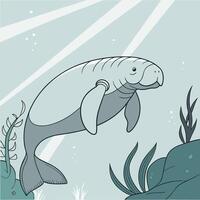 A manatee swimming in the ocean with plants and algae vector