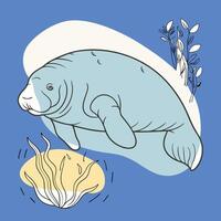A manatee swimming in the ocean with plants and other animals vector