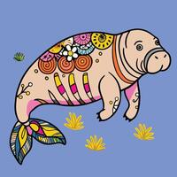 A cartoon manatee with colorful flowers on its back vector