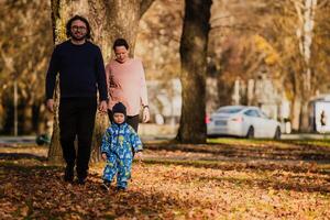 A loving couple strolls through a sunlit park with their young son, surrounded by the vibrant colors of autumn, enjoying a joyful and peaceful family moment together. photo