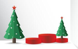 Red Podium product display for Christmas or New Year's with Christmas trees on a gray background vector