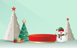 Podium product display for Christmas or New Year's with Christmas trees, snowmen, and gifts on a gray background vector