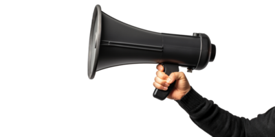 hand holding megaphone speaker isolated on transparency background, announcement advertising png