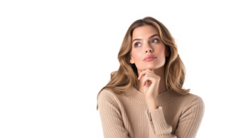 beautiful and cute woman thinking and confused by problem or solution isolated on transparency background png