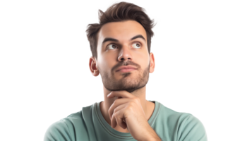 man Thinking confused by solution or problem , man with decision making expression isolated on transparency background png