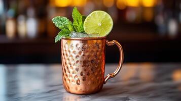 Copper Mug Filled with Refreshing Summertime Cocktail with Lime and Mint Garnish photo