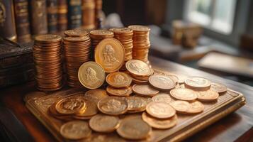 Stacked Gold Coins and Bars Emphasizing Wealth and Luxury photo
