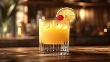 Whiskey Sour Cocktail in a Tumbler Glass on Wooden Tabletop photo