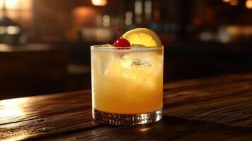 Inviting Whiskey Sour Cocktail in Wooden Bar Setting photo