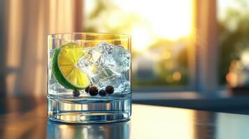 Refreshing Classic Gin and Tonic Cocktail with Lime Garnish on Wooden Table in Sunlit Outdoor photo