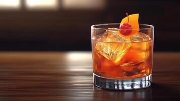 Old Fashioned Cocktail Drink in Elegant Glass on Wooden Table photo