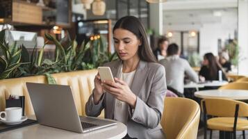 Modern Woman Working Remotely at Chic Cafe with Laptop and Coffee photo