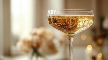 Champagne Cocktail Glass with Sparkling Golden Bubbles Captured in Elegant Detail photo