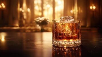 Luxuriously Crafted Old Fashioned Cocktail Glowing in Dimly Lit Elegant Setting photo