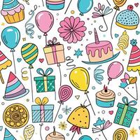 seamless birthday party pattern with balloons, cake and other items vector